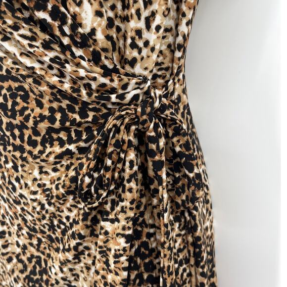 Anne Klein Leopard Faux Wrap Dress 8 Brown Y2K Mob Wife Tie Deep V-Neck Career - Picture 3 of 12